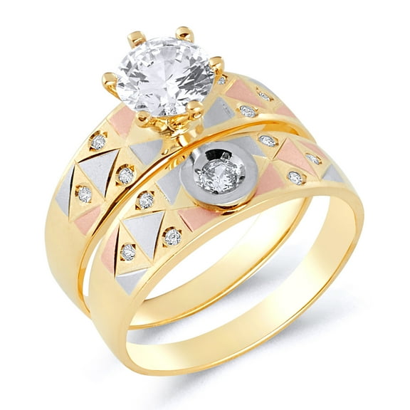 Wellingsale Ladies Solid 14k Tri 3 Color Gold Polished CZ Cubic Zirconia Round Cut Engagement Ring and Wedding Band Bridal Set - Size 4