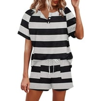 Fashion 2 Piece Outfits for Women Sexy Casual Round Neck Button Short Sleeve T-Shirt Top Elastic Waist Tie Pocket Striped Print Shorts Outfit