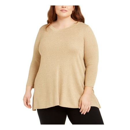 Anne Klein Women's Textured Glitter Long Sleeve Jewel Neck Top Gold Size 1X