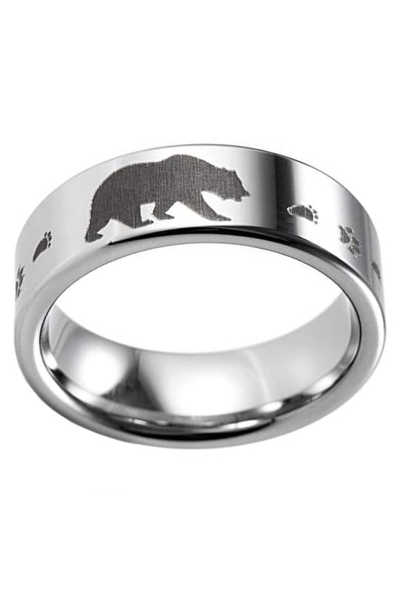 Wedding Ring Men Hunters 8mm Silver Tungsten Band Black Bear and Paw Prints