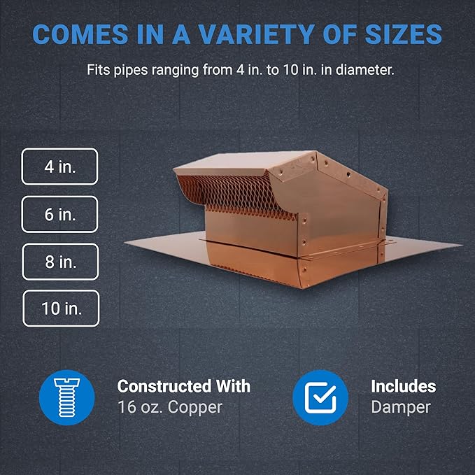 Copper Rooftop Exhaust Vent Cap with Damper (6 Inch)