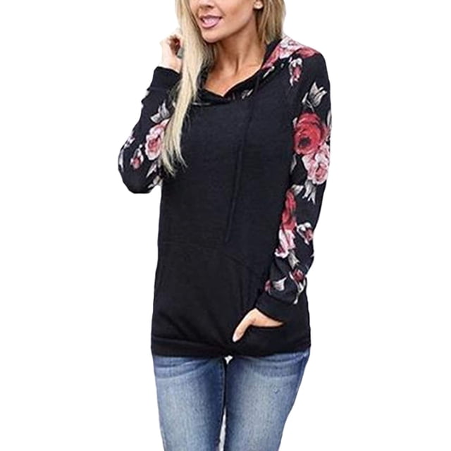 Sudadera con capucha floral para mujer Sudadera de manga larga con cordón Casual Pullover Tops Sudaderas con bolsillos Adepaton WMZY-684-6