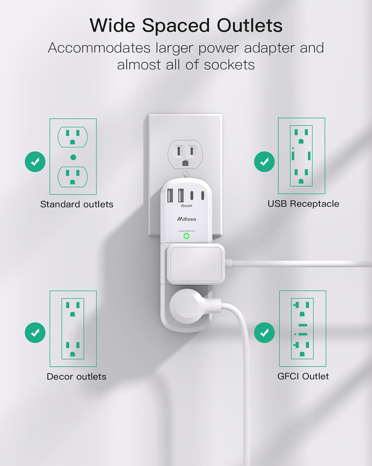 RGHJAR-Surge Protector Outlet Extender with Rotating Plug, 6 AC Multi Plug Wall Outlets and 4 USB Ports, 1800 Joules, Swivel Power Strip Electrical Splitter for Home Decor Apartment Dorm Room Essenti