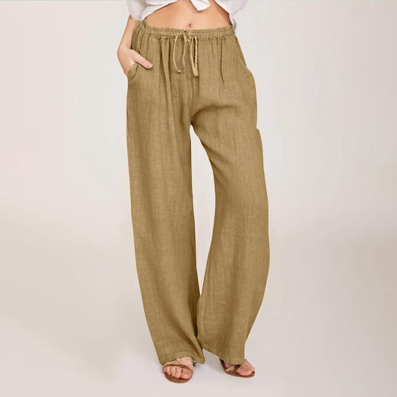 Frostluinai Cotton Linen Wide Leg Pants Women's Drawstring Waist Lounge Pants Baggy Palazzo Pants Solid Color Comzy Trousers with Pocket
