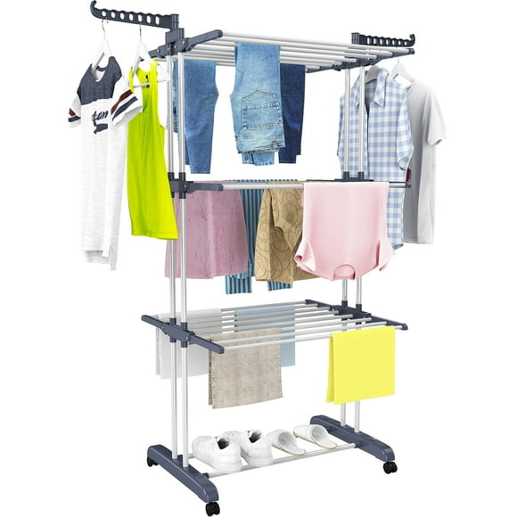 HOMIDEC Clothes Drying Rack Oversized 4-Tier(67.7"" High) Foldable Stainless Steel Drying Rack Clothing Movable Drying Rack with 4 castors 24 Drying Poles and 14 Hooks for Bed Linen Clothing Grey