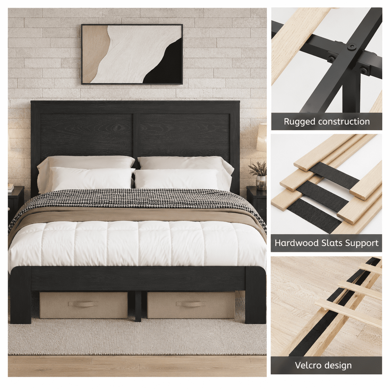 BSHTI Full Size Wood Platform Bed Frame with Headboard, Solid and Stable Metal & Wood Construction for Bedroom, Easy Assembly, Noise Free, No Box Spring Needed, Antique Black