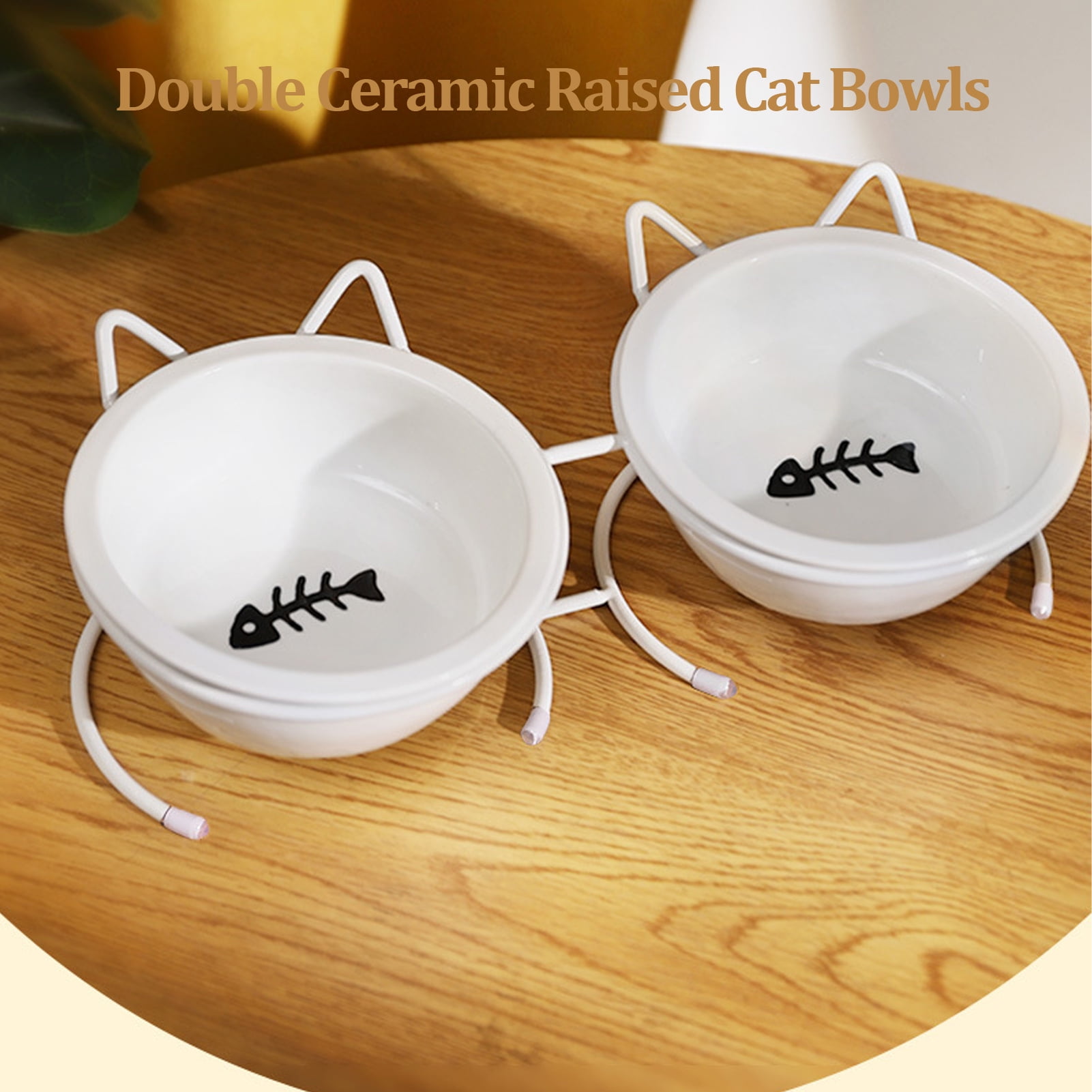 BIMZUC Pet Double Ceramic Bowl Set Raised Cat Bowls with Metal Stand Anti-Slip Cover for Food Water Dishwasher Safe Elevated Dog Feeder Neck Protection 10.2 inches / 26 cm Length