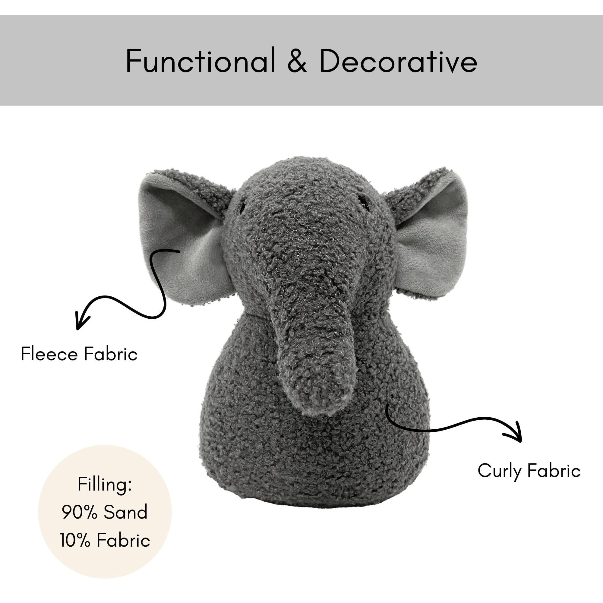 Decorative Elephant Door Stopper - Heavyweight 2.3 lb. Fabric Holder for Home and Office - Cute Animal Design to Keep Interior Doors Open, Prevent Damage, Protect Children & Pets - Gray