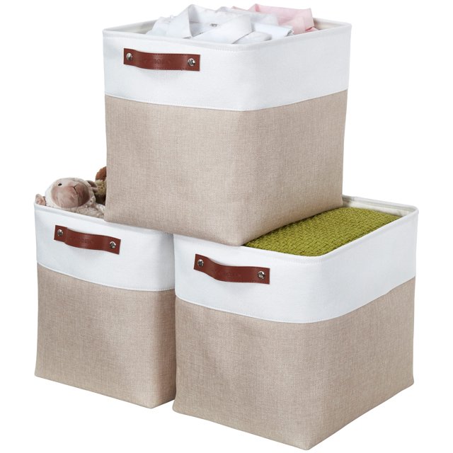 Cestas de almacenamiento DECOMOMO grandes de tela de 54,5 litros, paquete de 3 unidades, color beige/blanco