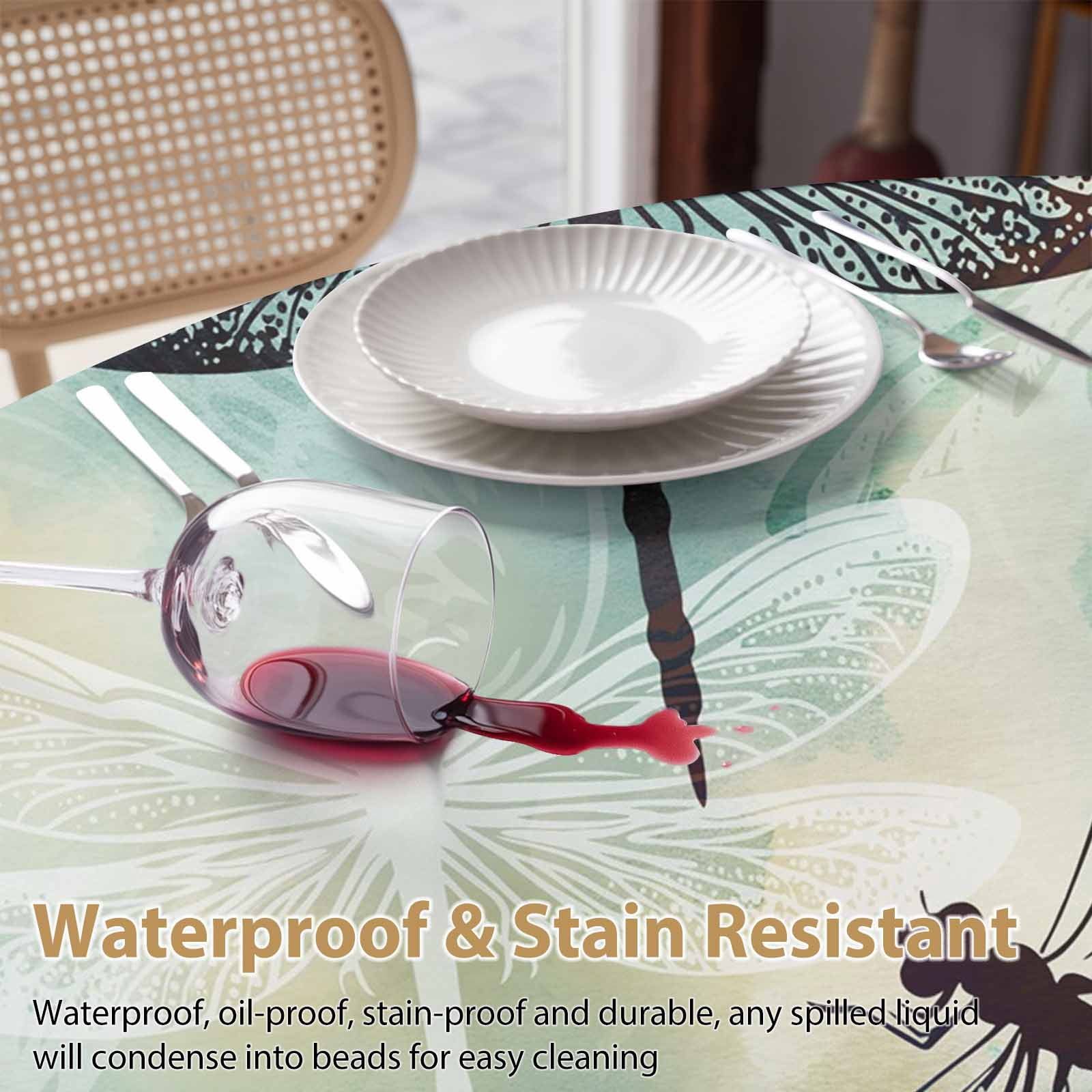 Round Tablecloth Vintage Dragonfly Waterproof Oil Proof Polyester Table Cloth Cover Decor for Home Dining Outdoor,Patio,Parties, 60" Dia. Teal Blue