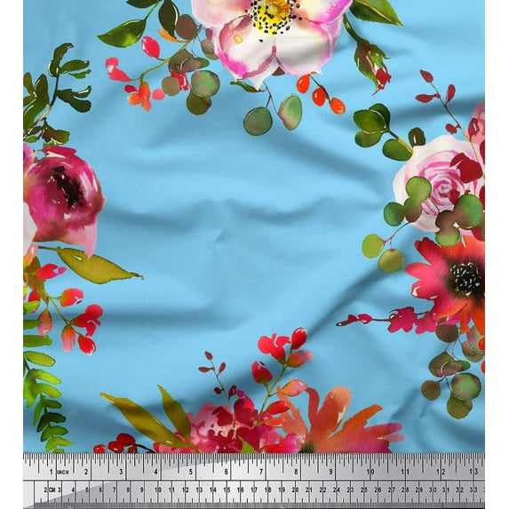 Soimoi Blue Cotton Jersey Fabric Leaves & Peony Floral Print Fabric by the Yard 58 Inch Wide
