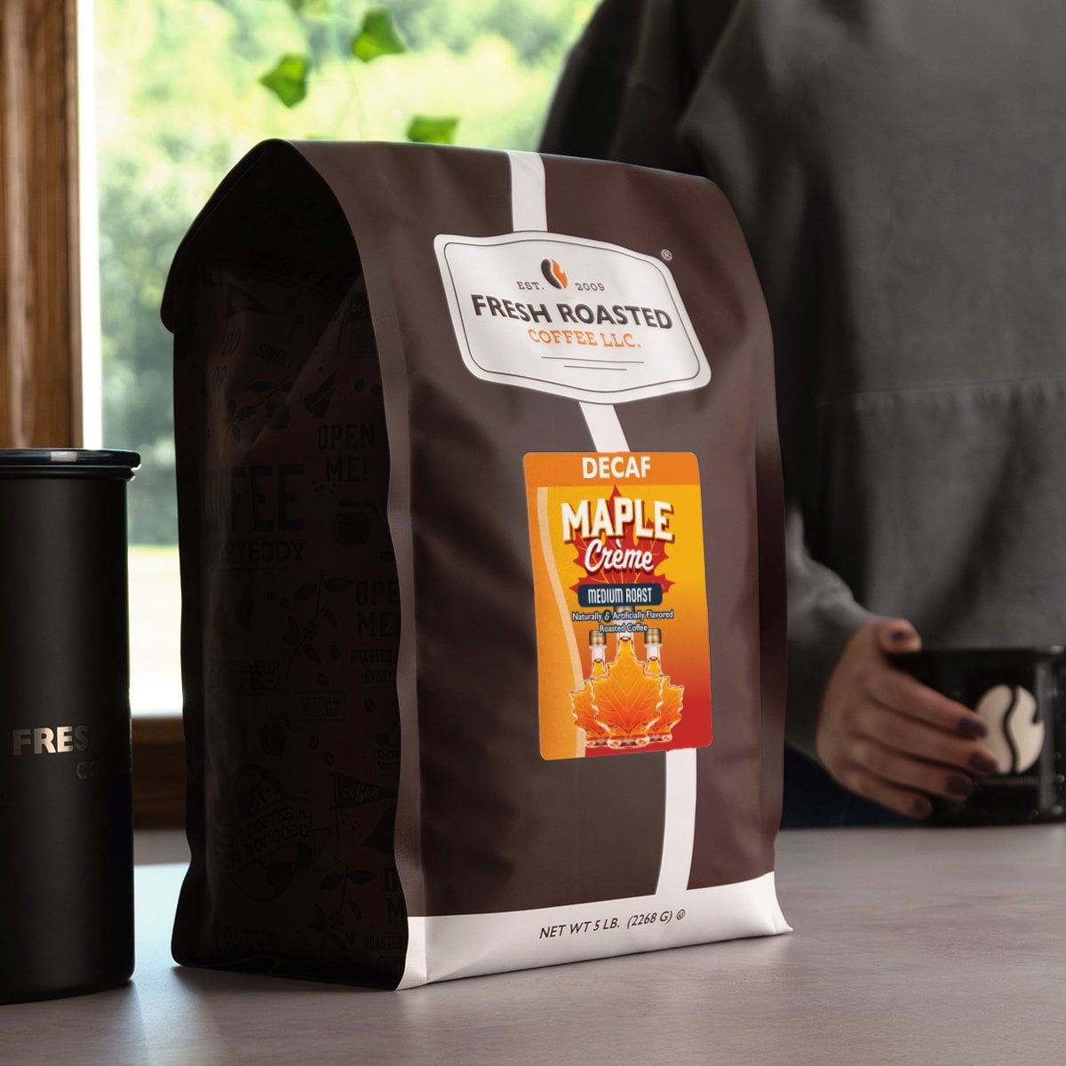 Fresh Roasted Coffee, Decaf Maple Crme Flavored Coffee, Medium Roast, Whole Bean, 80 oz 5 lbs