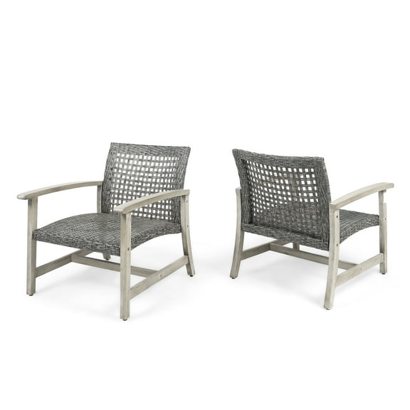 Noble House Camdyn Antique Polyethylene Wicker Outdoor Acacia Wood Club Chair Gray (Set of 2)