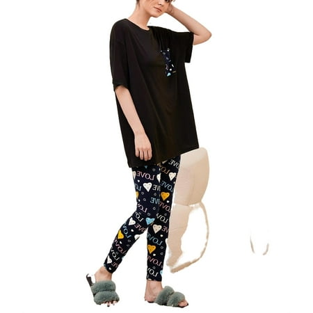 

Cute Letter Round Neck Pant Sets Elbow-Length Multicolor Womens Pajama Sets (Women s)