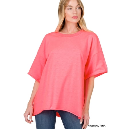 Zenana Plus Cotton French Terry Drop Shoulder Raw Edge Relaxed Casual Solid Tee Shirt Top price history on PriceWatchPro