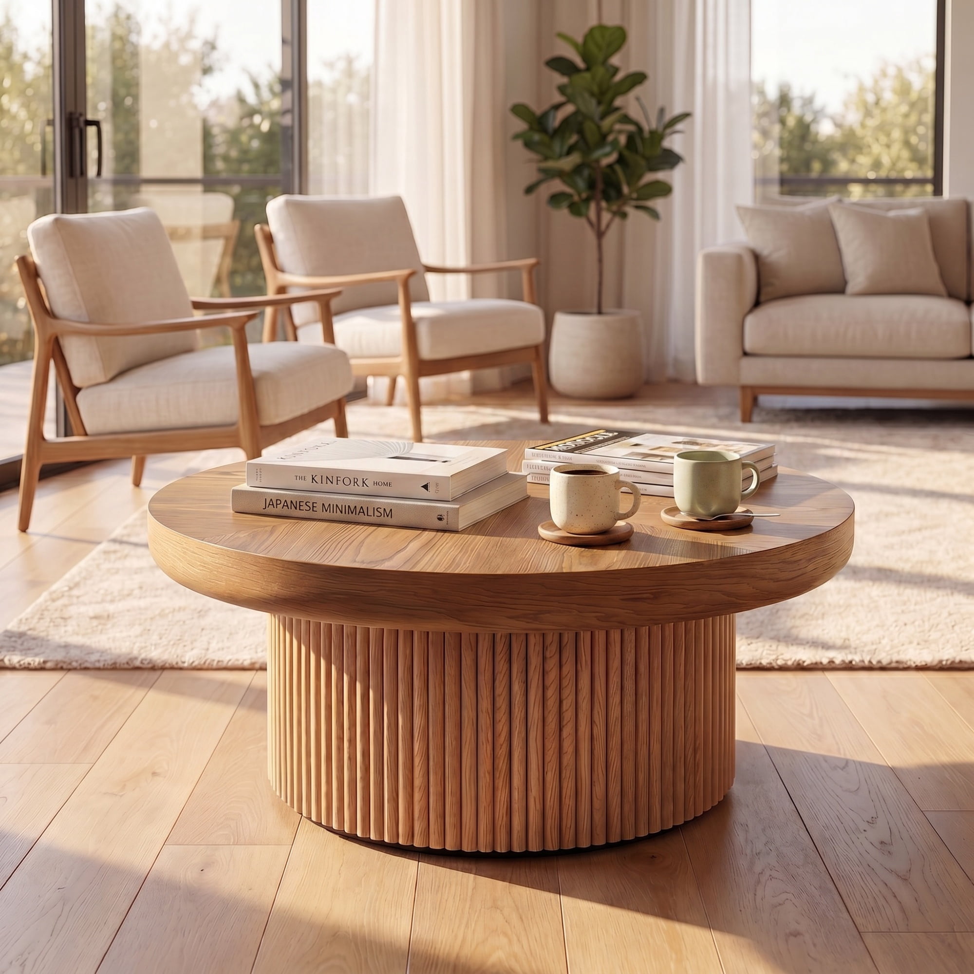 33.46'' Round Coffee Table with Fluted Cylindrical Base, Ash Wood End Table with Thickened Tabletop, Modern Cocktail Table