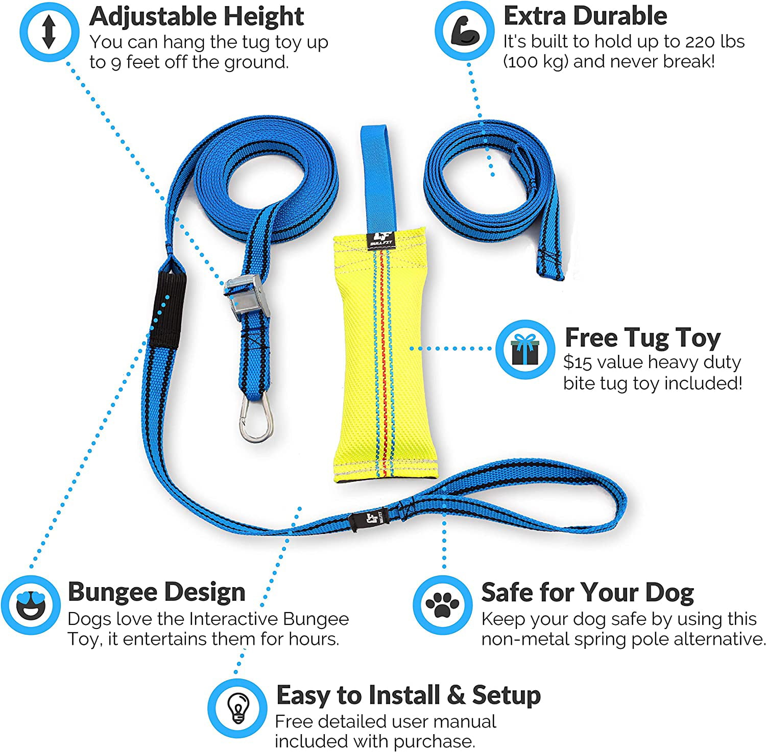 Tough Fire Hose Bite Tug Toy Included Outdoor Hanging Bungee Dog Toy Interactive Tugger for Safe & Fun Solo Play Durable Spring Pole for Pitbull & Medium to Large Dogs Exercise and Tug of War 