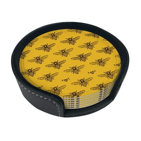 

Round Pu Leather Coaster Bee Organic Honey Heat - Resistant Beverage Cup Mat-Fancy Decor For Kitchen Office Dining Room Table - Drink Protector 6-Slice