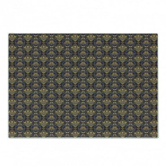 East Cutting Board, Oriental Antique Pattern Foliage Inspirations Geometrical Design, Decorative Tempered Glass Cutting and Serving Board, Small Size, Yellow Purple, by Ambesonne