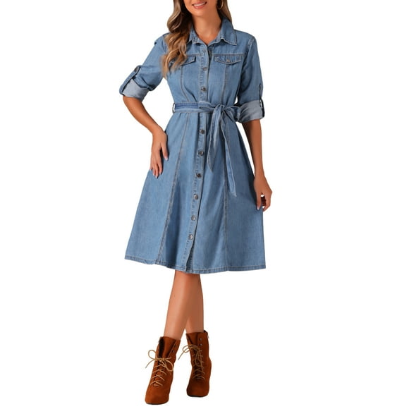INSPIRE CHIC Denim Dress for Women's Long Sleeve Button Down A-Line Belted Classic Jean Dresses M Light Blue