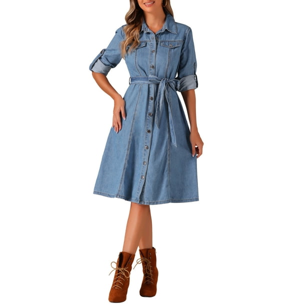 Vestido de mezclilla INSPIRE CHIC para mujer, de manga larga, con botones, corte A, con cinturón, clásico, color azul claro