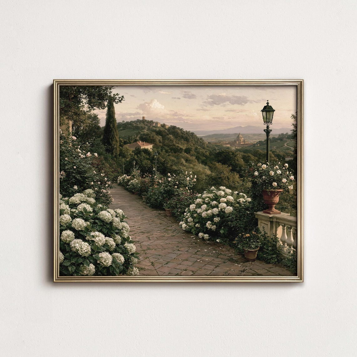 Hydrangea Garden Vintage Tuscan Villa Landscape Print Romantic Floral Living Room Decor