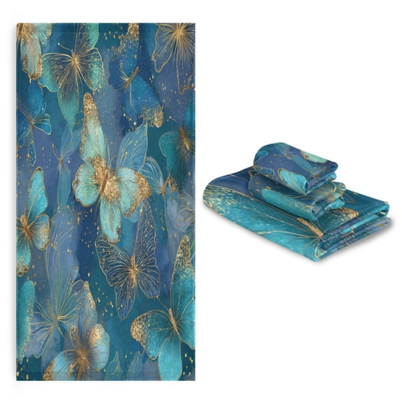 3 Sizes of Towel Sets Including Bath Towel Hand Towel and Washcloth for Daily Use Gold and Teal Butterflies
