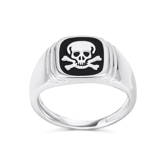 Bling Jewelry Womens Classic Flat Black Onyx Gemstones Signet Skull Crossbones Ring Sterling Silver