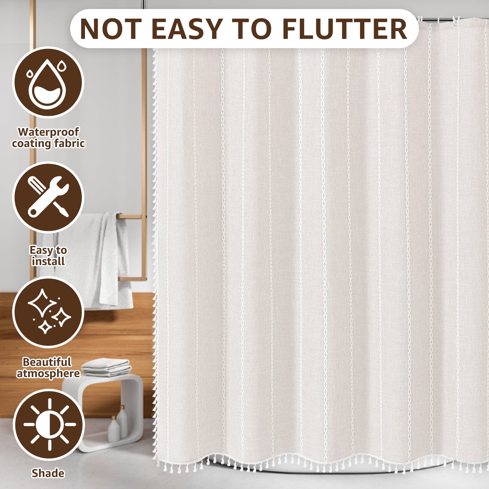 Dznils Boho Tassel Shower Curtain with Hooks, Farmhouse Thick Cloth Linen Fabric Bathroom Curtain, Beige, 72" x 72"