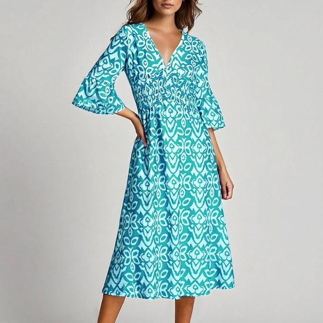 Pisexur Robes Femmes Belle Robe d'Été pour Femmes, Mode Femmes Été Décontractée Col en V Manches Courtes Imprimé Longue Robe Bleu, m