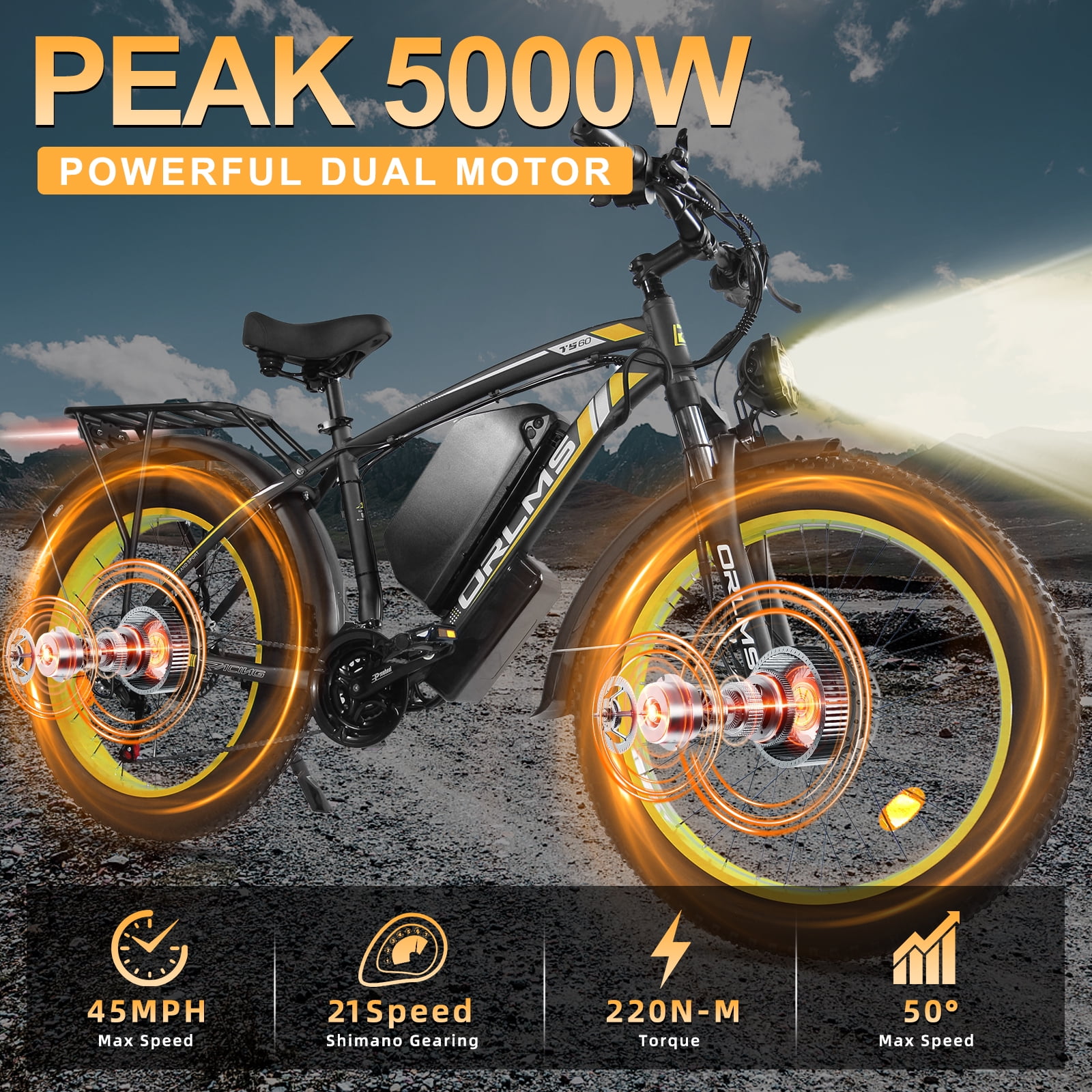 5000W Peak Dual Motor E-Bike, 60V 25AH Battery Electric Bike for Adults, 45MPH Mountain AWD 21-Speed Snow E-Bike with 26" x 4.0 Fat Tire, Long Range Mountain Dirt Off-Road