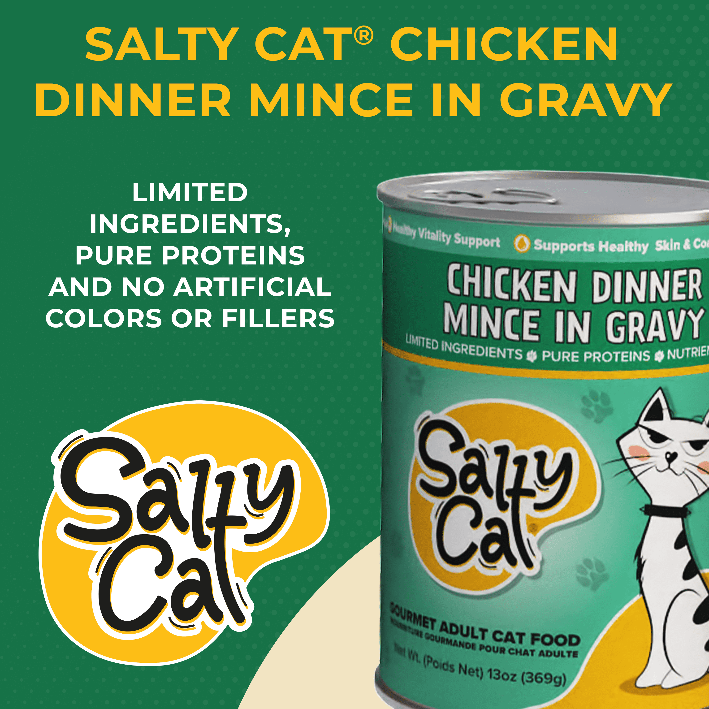 (24 pack) Salty Cat Chicken Dinner Mince in Gravy Wet Cat Food, 13 oz. Can