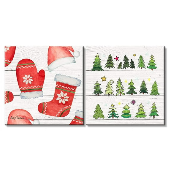 wall26 - 2 Panel Square Canvas Wall Art - Christmas Theme Red Socks and Pine Trees - Giclee Print Gallery Wrap Modern Home Art Ready to Hang - 24"x24" x 2 Panels
