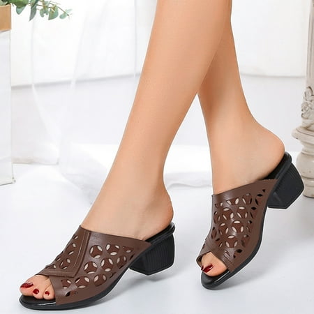 

uikmnh Women Shoes Ladies Fashion Solid Color Summer Hollow Retro Thick High Heel Fish Mouth Sandals Coffee 7.5