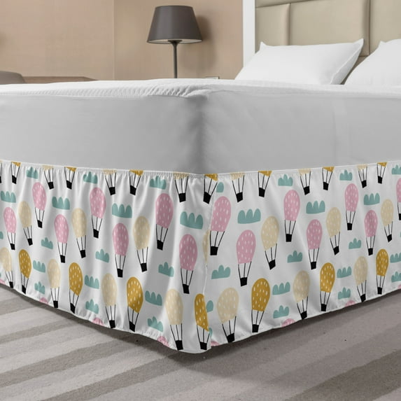 Hot Air Balloon Bed Skirt, Repeating Fire Balloon Cartoon, Elastic Bedskirt Dust Ruffle Wrap Around for Bedding Decor, 4 Sizes, White Multicolor, by Ambesonne