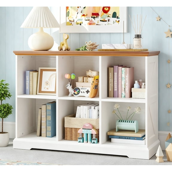 6 Cube Storage Organizer, Wooden Cube Shelf with Storage, Farmhouse Bookcase for Bedroom Living Room and Home Office, White