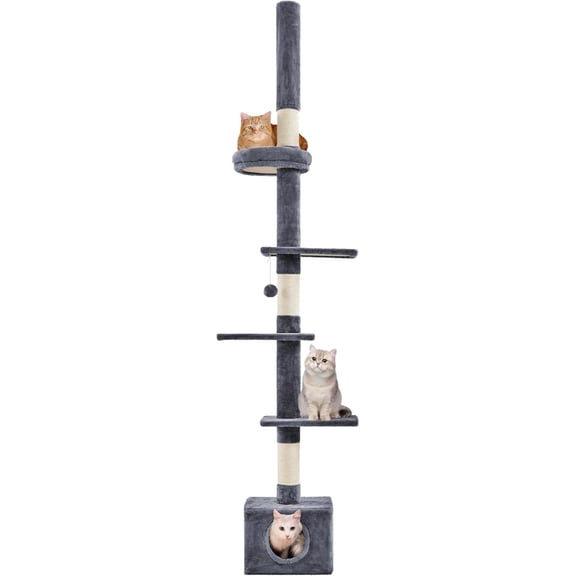 Cat Tree, Floor to Ceiling Cat Tower for Large Cats, 89-104.5in Height Adjustable Tall Climbing Tree w/Scratching Posts, Condo and Perches, Dark Gray