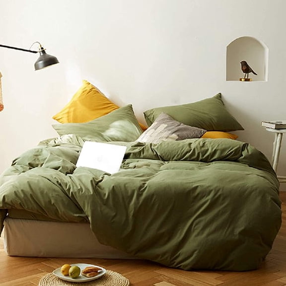 Full Duvet Cover Set Olive Green 3pc 80x90 Luxury Microfiber Comforter Quilt Bedding Cover with Zip Closure Ties - Modern Elegant Style for Men and Women Chambray Teen Dark Green Avocado Green