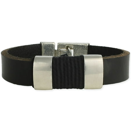 Handsome Black Leather - Black Leather Strap & Silver Bars Men's Bracelet - Ruggedly Handsome Accent