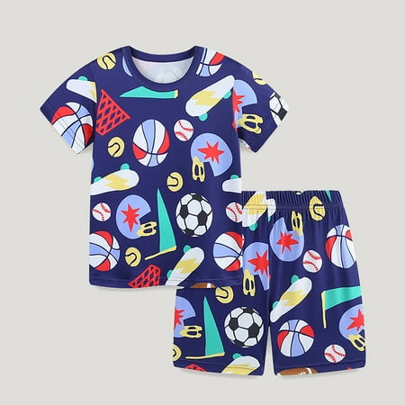 Boys Outfits Kids Summer Football Print Short Sleeve and Shorts Home Wear Set Boys Clothing Sets Navy 5-6 Years