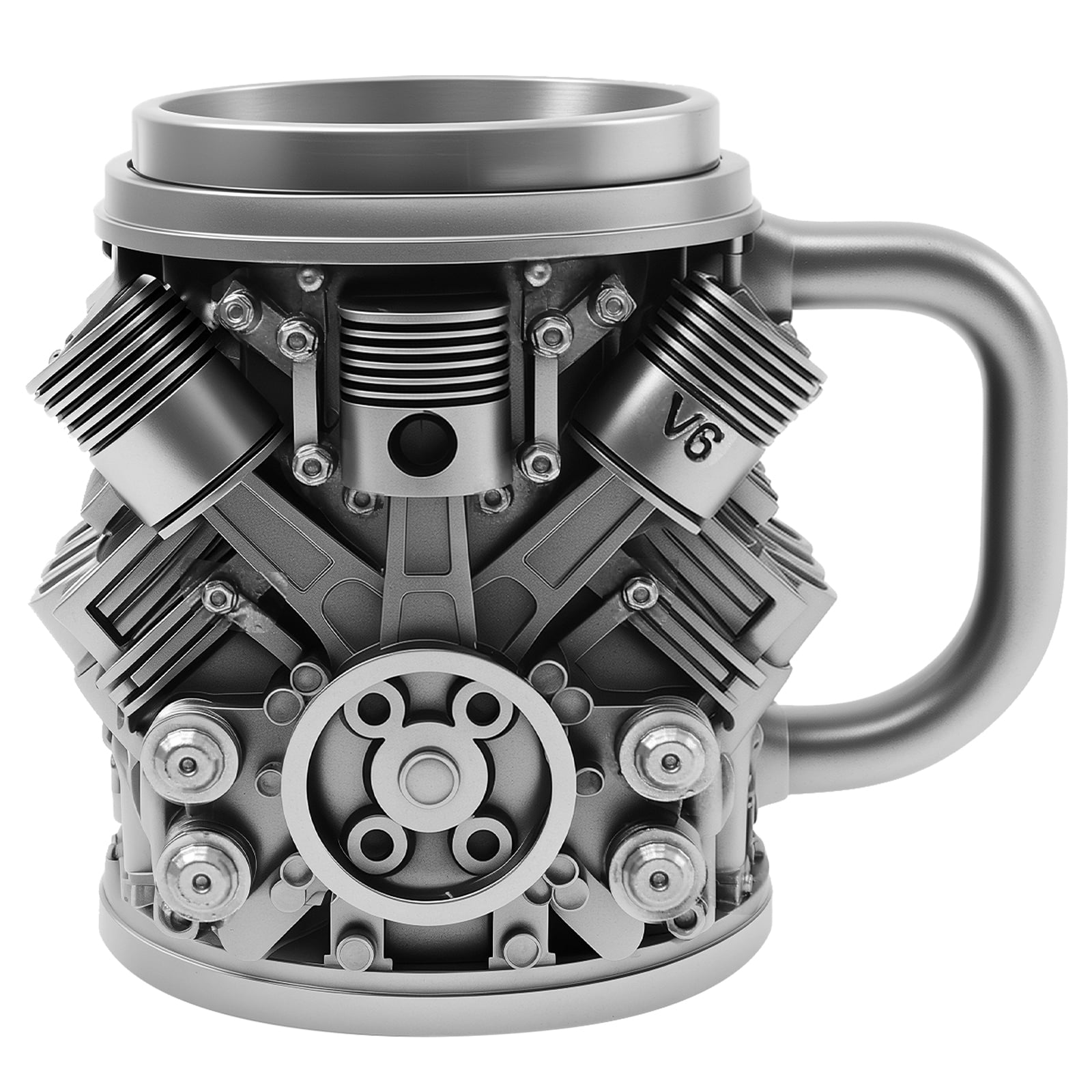 Qenwkxz Engine Coffee Mug Creative Car V6/V8 Engine Coffee Cup with Handle Novelty Stainless Steel Beverage Mug for Car Lovers Enthusiasts Black