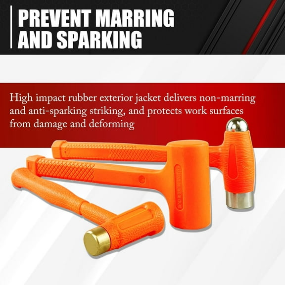 3 PCS Dead Blow Hammer Kit with Brass Hammer and Ball Pein Hammer, Spark & Rebound Resistant, Shockproof Unibody Molded Handle with Non-Slip Grip, Orange