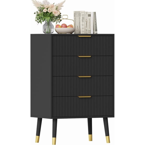 Cajonera de 4 Cajones con Diseño Acanalado y Tiradores Metálicos Dorados, Pequeño Mueble de Almacenamiento de Madera para Dormitorio y Sala