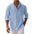 thumbnail image 4 of WXLWZYWL Mens Henley Shirt Mandarin Collar Half Button Long Sleeve Shirt Roll Up Cuffs Curved Bottom Hem Loose Fit Casual Resort Daily Everyday Wear Light Tops, 4 of 6