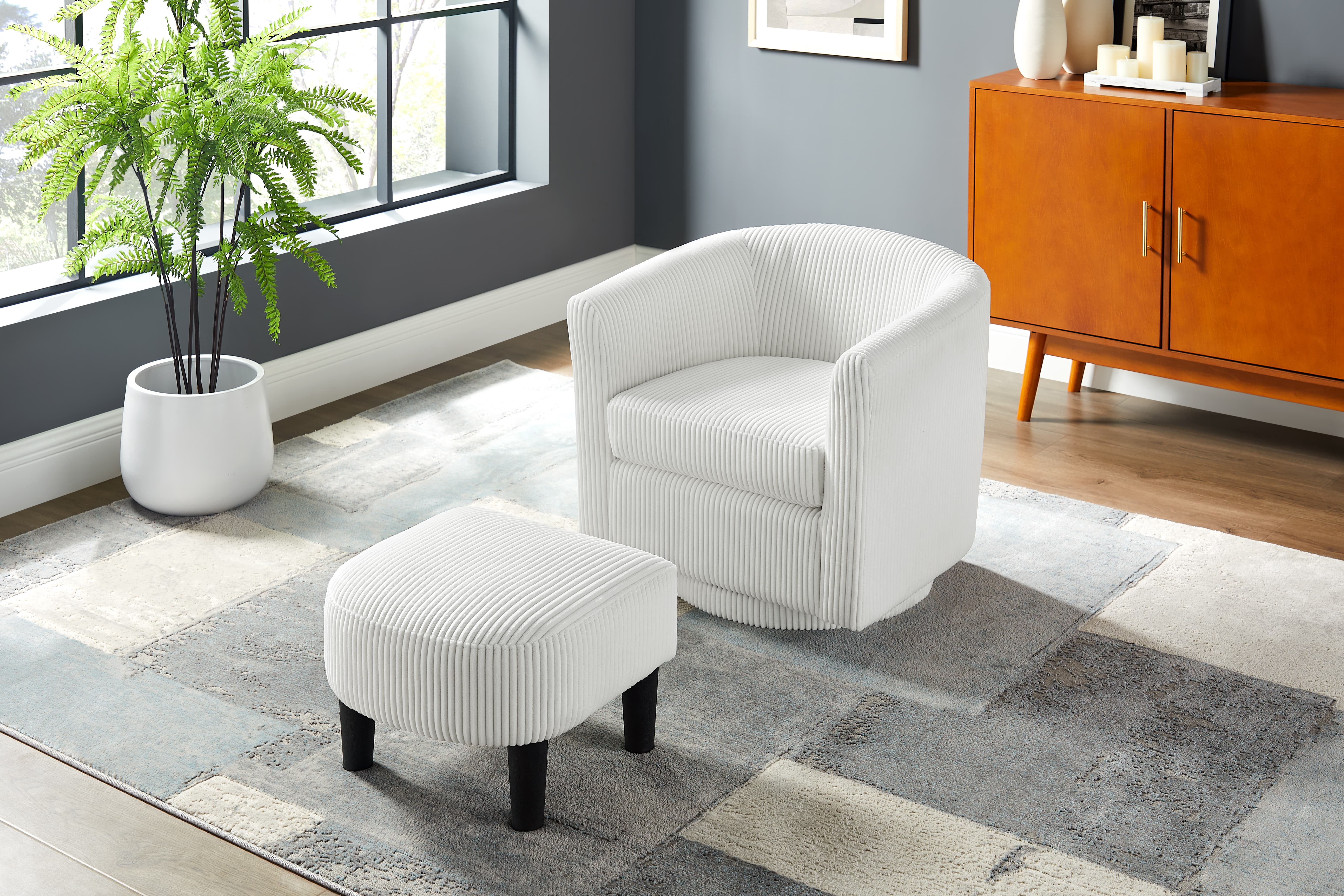 MAYEERTY 360° Swivel Corduroy Recliner Armchair with Ottoman for Living Room/Bedroom，White