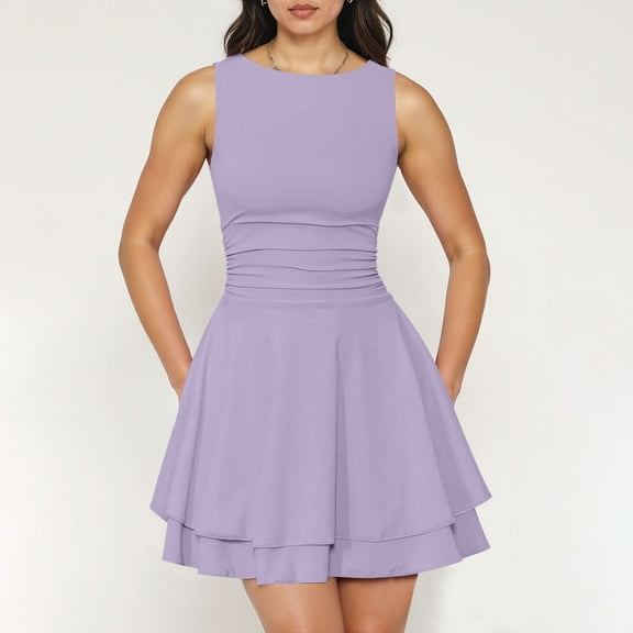 OSFVNOXV Mini Dresses for Juniors Summer Cute Bodycon Tea Party Dress Boat Neck Pleated Ruched Vintage Corset Dresses for Wedding Guest