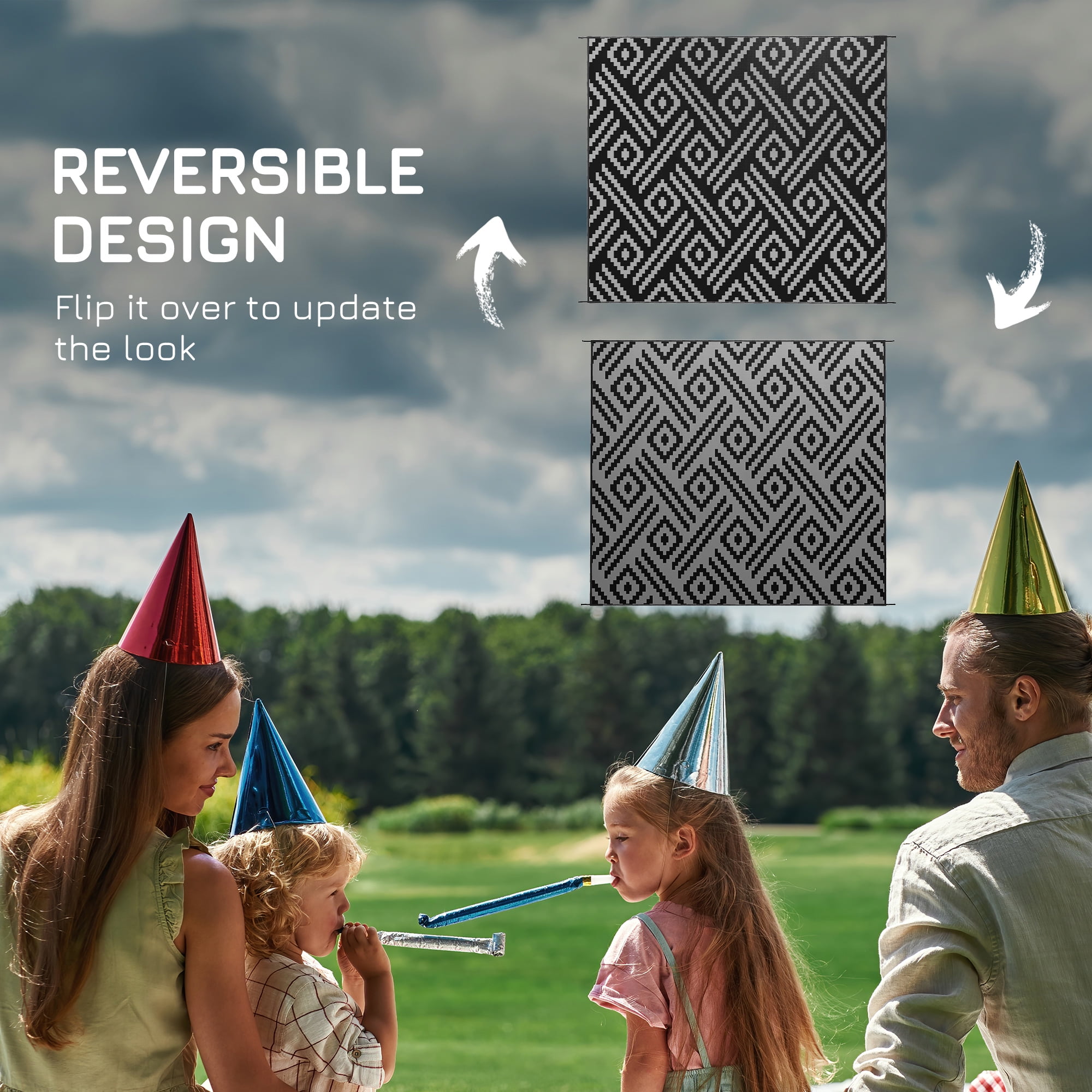 Outsunny RV Mat, Outdoor Patio Rug / Large Camping Carpet with Carrying Bag, 8' x 10', Waterproof Plastic Straw, Reversible, Black & Gray Geometric