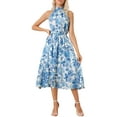 thumbnail image 1 of Vestido de verano bohemio Inspire Chic para mujer, sin mangas, con cuello halter, vestido midi casual con estampado floral en azul, talla XS, 1 of 6
