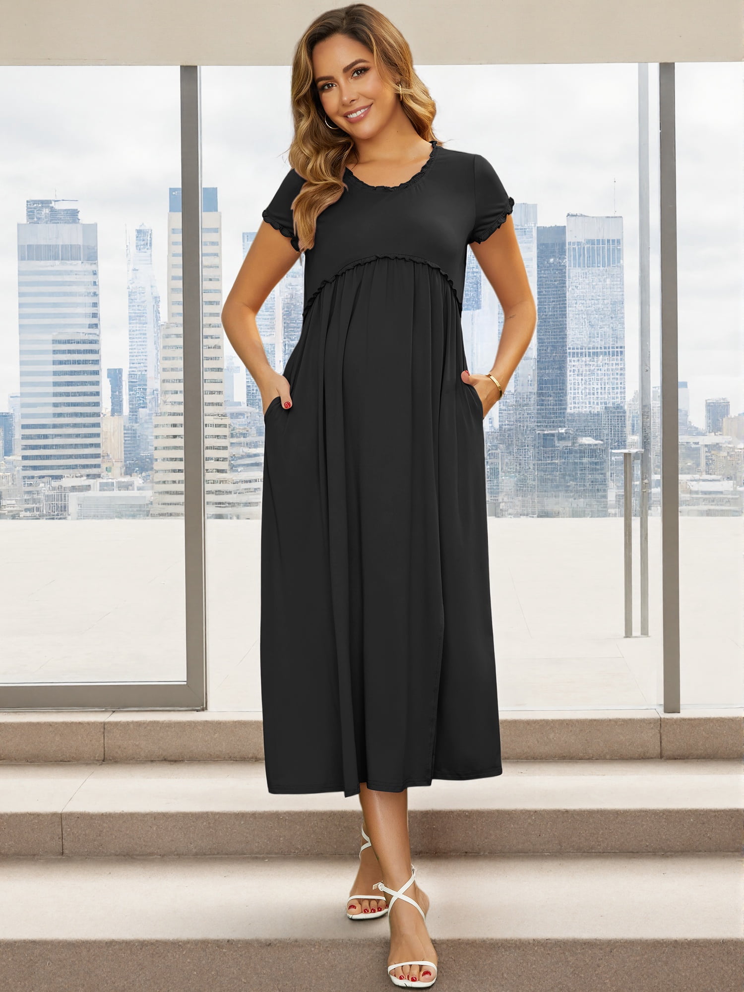 DARING DIVA Women's Maternity Summer Ruffled Pleating Casual Work Maxi Dress M Black