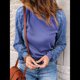 thumbnail image 5 of Camiseta de Larga con Cuello Redondo para Mujer, Otoño-Invierno, con Costuras de Gofre y Encaje, Ajustada Azul S, 5 of 7